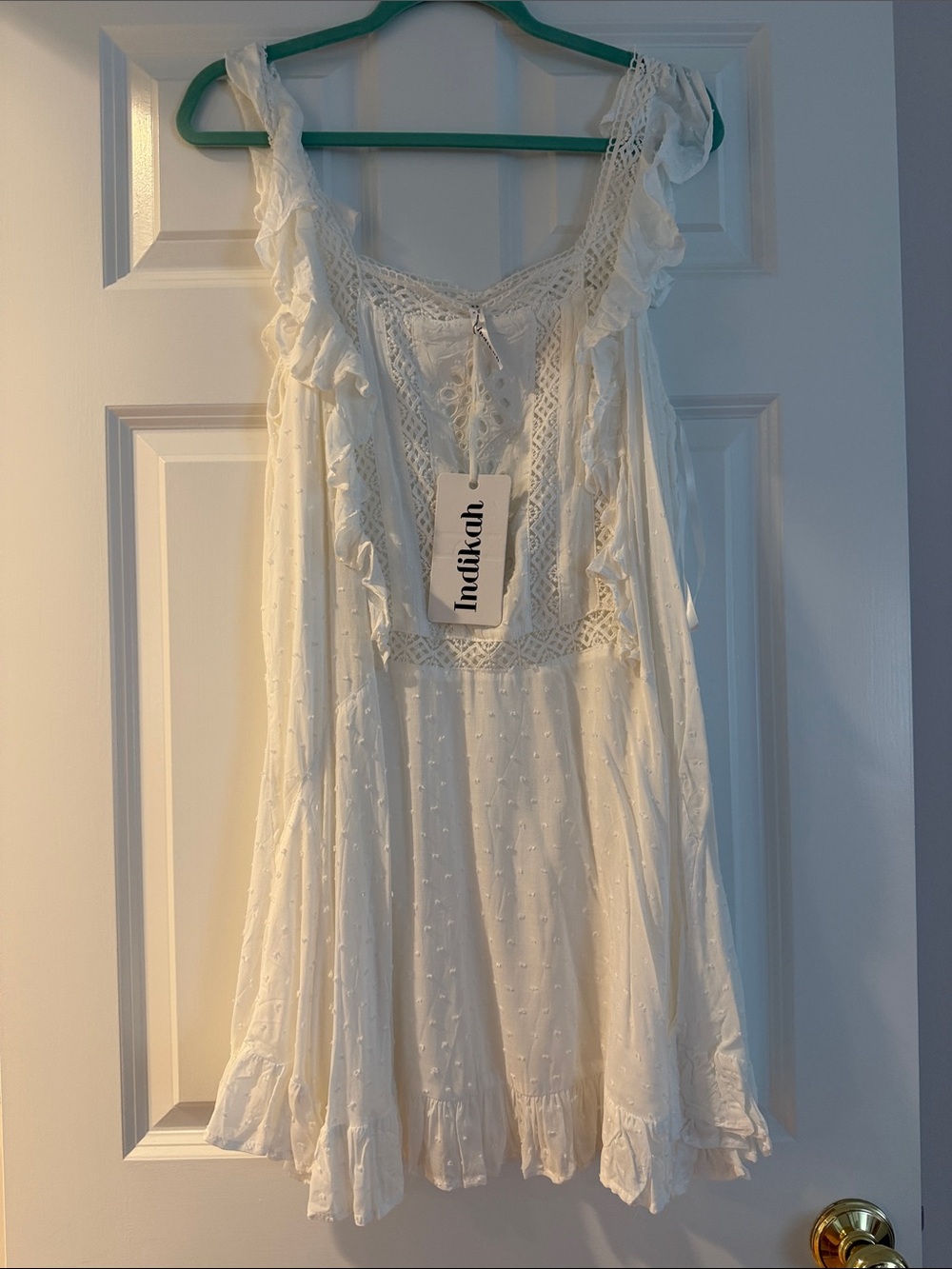 Indikah White Ruffle Crochet Mini Dress